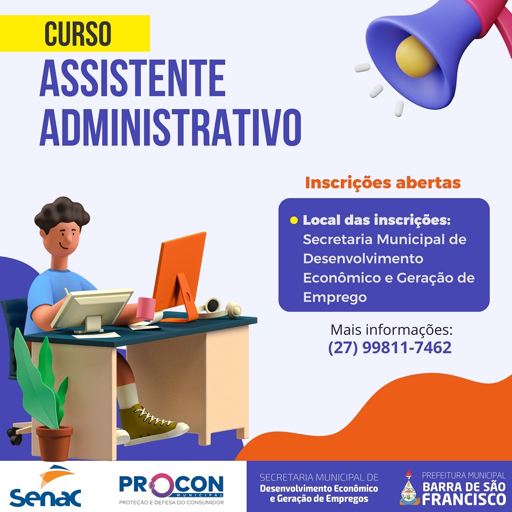Curso gratuito de assistente administrativo tem incrições abertas em Barra de São Francisco