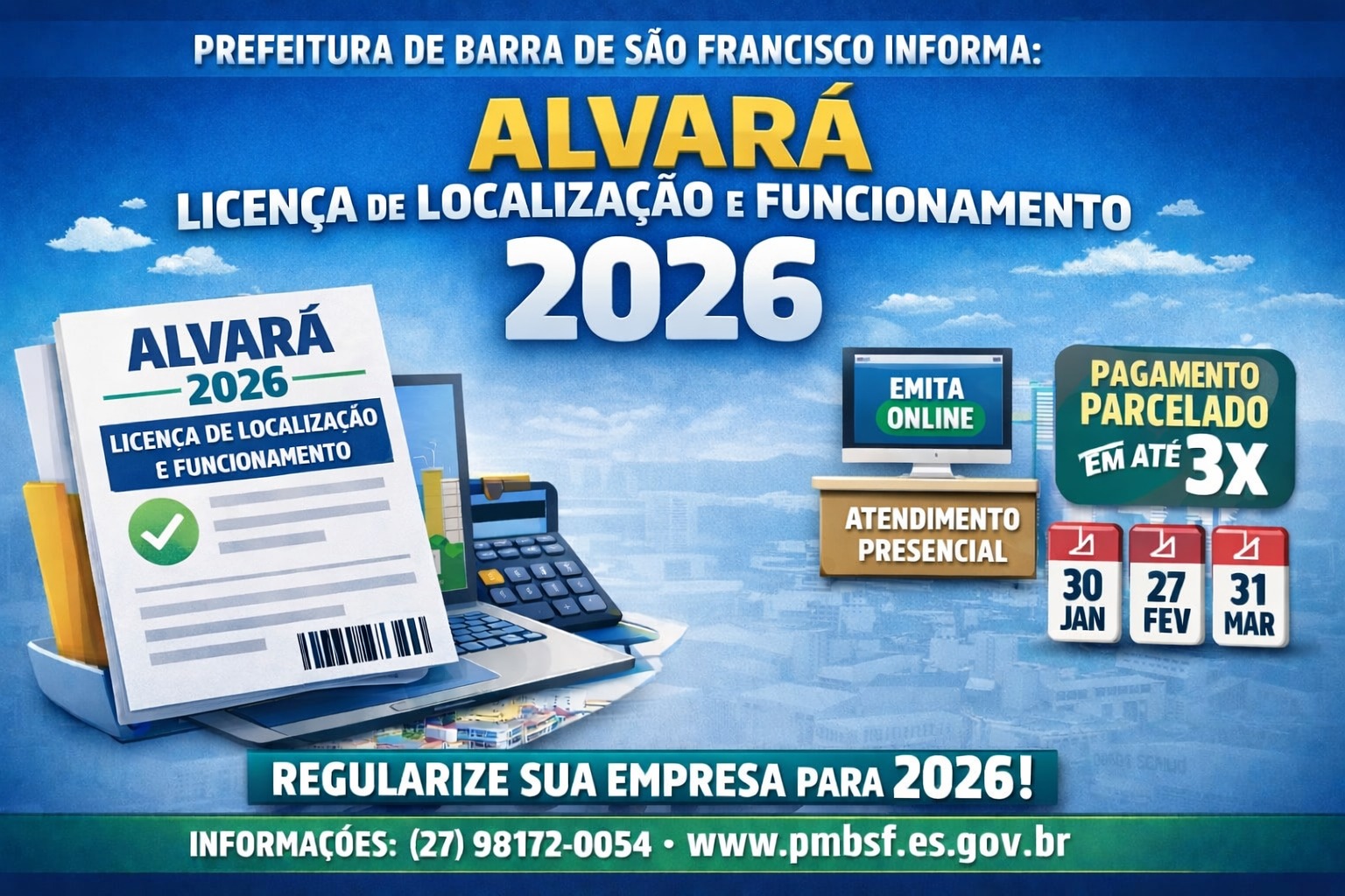 Prefeitura de Barra de São Francisco disponibiliza Taxa de Fiscalização e Funcionamento 2026