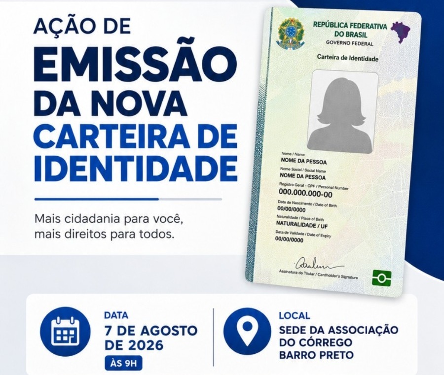 Imagem da notícia: Comunidade do Córrego Barro Preto receberá ação para emissão da nova Carteira de Identidade e vacinação contra a gripe