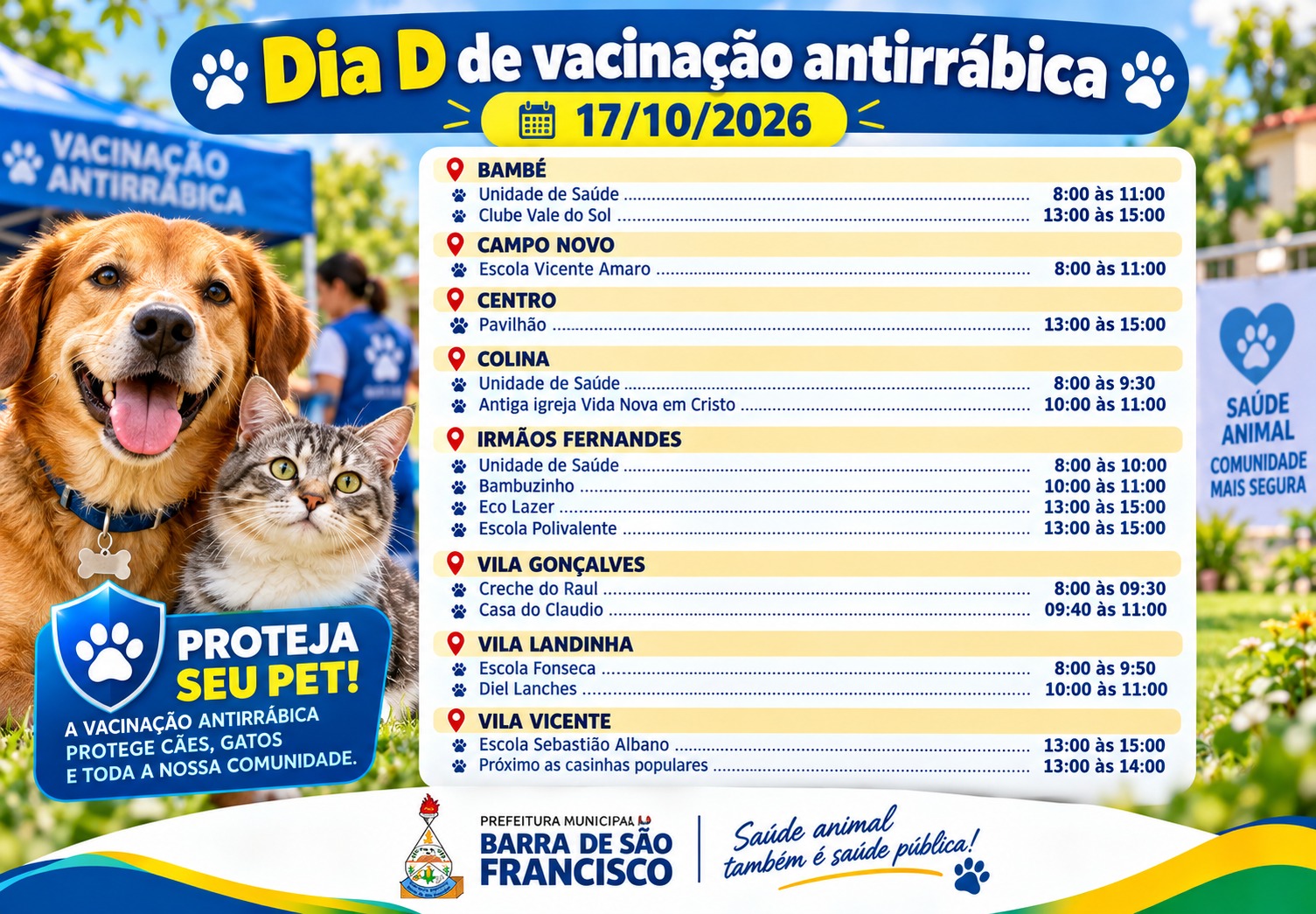 Imagem da notícia: Prefeitura realiza Dia D de vacinação antirrábica para cães e gatos neste sábado (17)