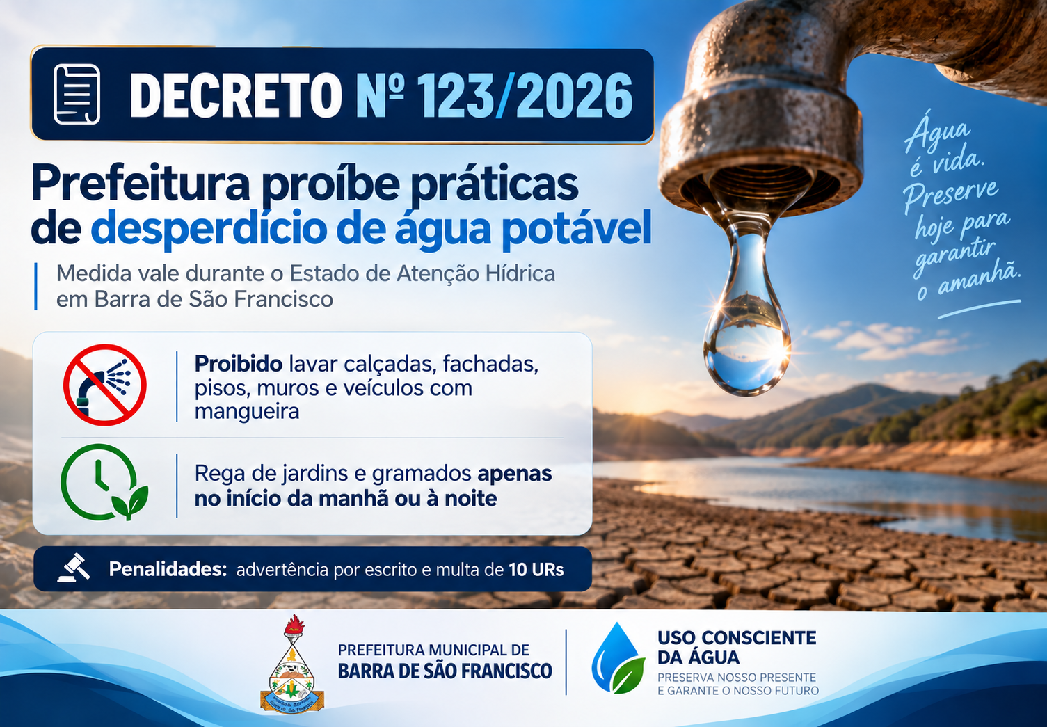 Imagem da notícia: Prefeitura de Barra de São Francisco publica decreto que proíbe desperdício de água potável e estabelece penalidades