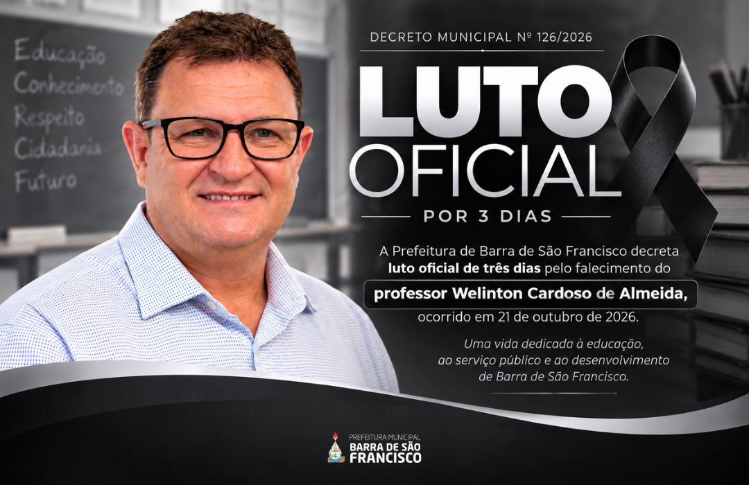 Imagem da notícia: Prefeitura de Barra de São Francisco decreta luto oficial de três dias pelo falecimento do professor Welinton Cardoso de Almeida