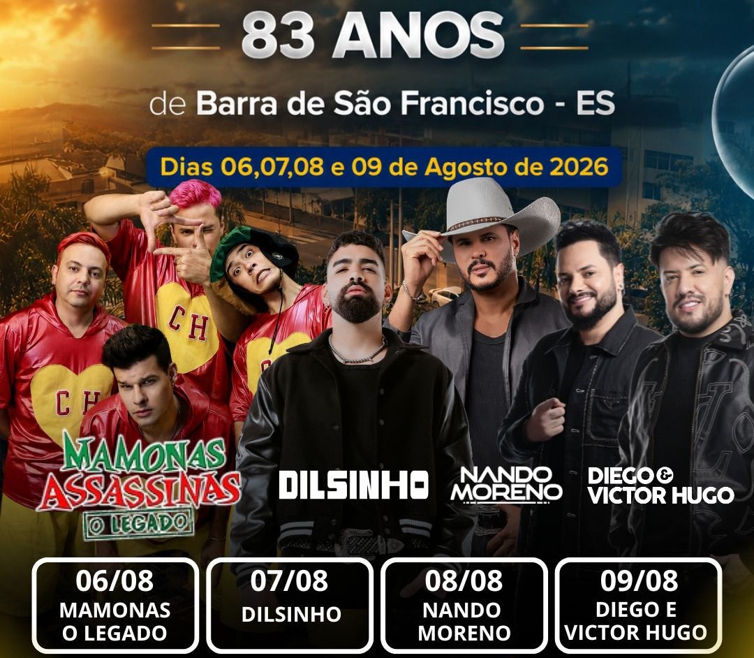 Imagem da notícia: Prefeitura divulga atrações musicais da Festa de 83 anos de Emancipação Política de Barra de São Francisco