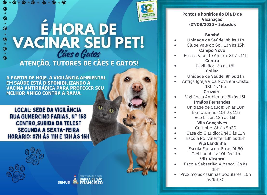 Imagem da notícia: Proteja seu pet: Prefeitura realiza Dia D de Vacinação Antirrábica neste sábado (27)